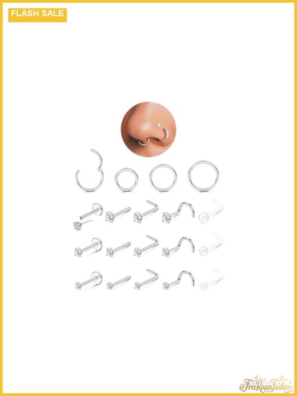 14K Gold Plated Nose Rings Set 20G 18G Surgical Steel Hypoallergenic Studs